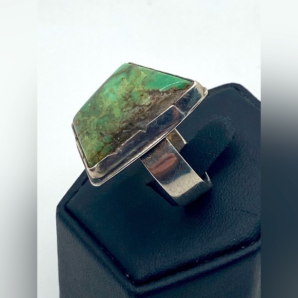 Vtg Navajo Sterling Green Turquoise Rustic Abstract Setting Ring Sz 8.25 - 8.5 - Picture 7 of 12